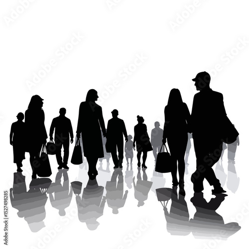 Silhouettes of shoppers walking in bustling mall, retail frenzy