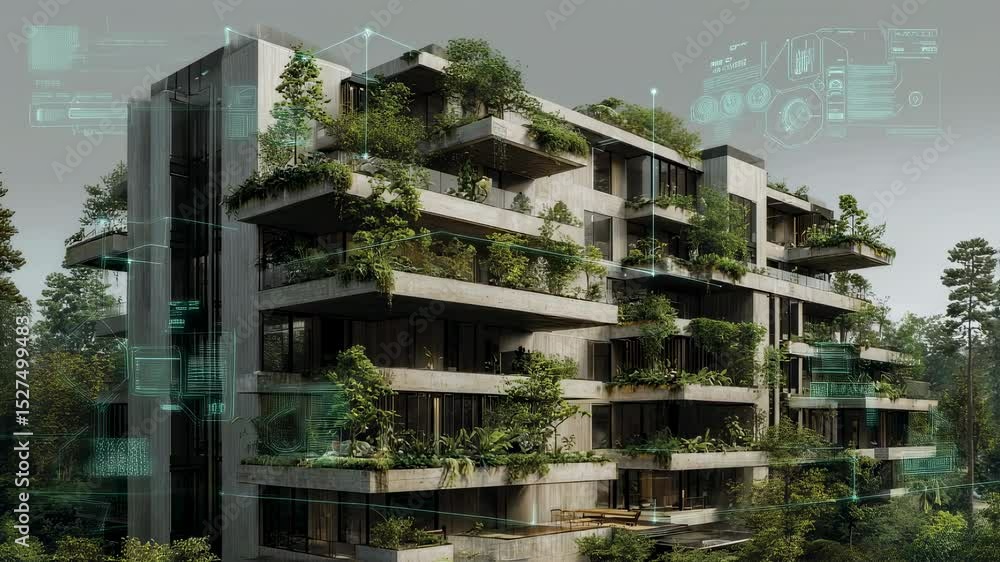 Futuristic green building merging modern architecture with nature, integrating smart technology and sustainable design for innovative urban living Futuristic green building merging modern architecture with nature, integrating smart technology and sustainable design for innovative urban living
