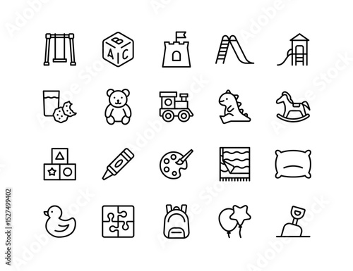 Kindergarten Vector Icon Set | Adjustable Line Weight | Swing, blocks, teddy bear, playground, train, dinosaur, puzzle, backpack, balloons, duck, toys, childhood, crayons icons