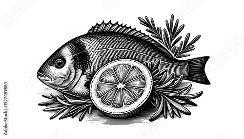 Hand-drawn engraving of a fish with lemon slice and herbs  