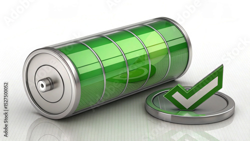 3D full battery icon in green with metallic top and check mark badge, indicating complete charge or power success, on transparent background.
