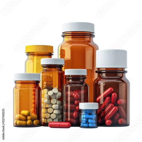 Pharmaceutical Medicine Bottles Collection Pills Capsules Pharmacy on transparent background
