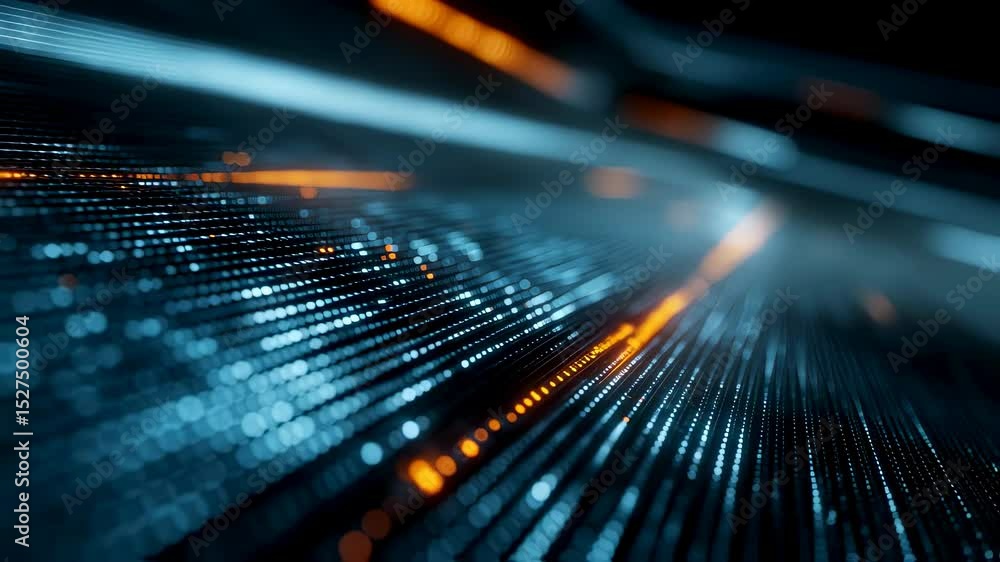 Complex digital data streams are flowing rapidly through cyberspace, illuminated by vibrant orange highlights, creating a dynamic visualization of information transfer