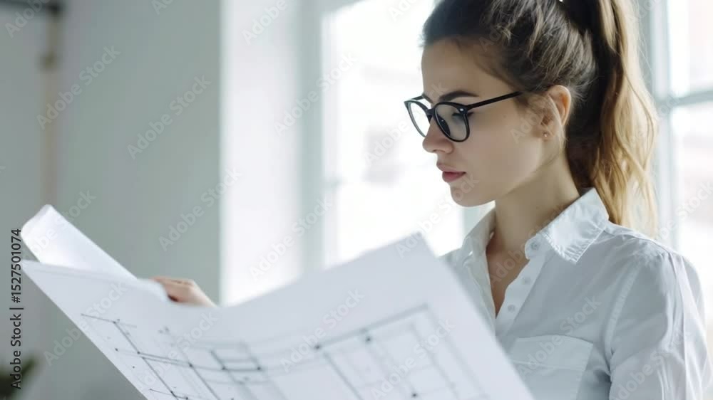 Professional Woman Reviewing Architectural Blueprints in Bright Minimalist Office
Professional Woman Reviewing Architectural Blueprints in Bright Minimalist Office