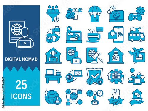 Digital nomad icon set with traveler, remote work, technology, people, internet, temporary housing, hotel, smartphone and public library. 