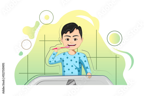 little boy brushing teeth in barthroom.simple vector illustration design.dental care and heath care concept clip art design element.