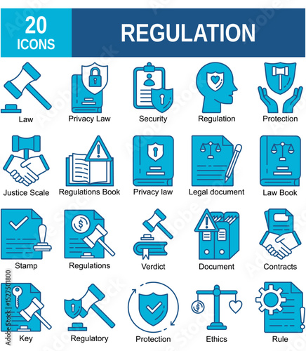 Regulation icon collection. Containing rules, authority, conduct, law, guideline, penalty, government, ethics, compliance and procedure icons. Vector illustration. 