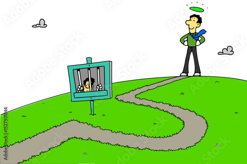 Cartoon illustration of paths diverging imprisonment and freedom