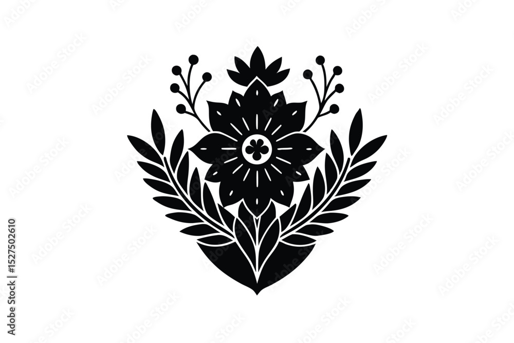 Fototapeta premium Folk floral crest boho style ornamental nature theme vector art illustration