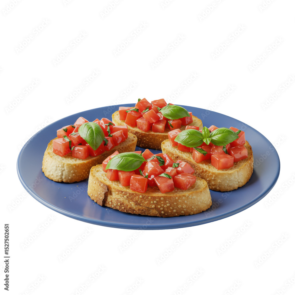 Fresh bruschetta with diced tomatoes and basil on toasted bread, served on a blue plate Fresh bruschetta with diced tomatoes and basil on toasted bread, served on a blue plate