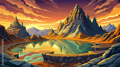 Vector illustration of a serene high-altitude lake reflecting the yellow sky perfect for peaceful nature scenes, meditation art, and scenic travel posters
