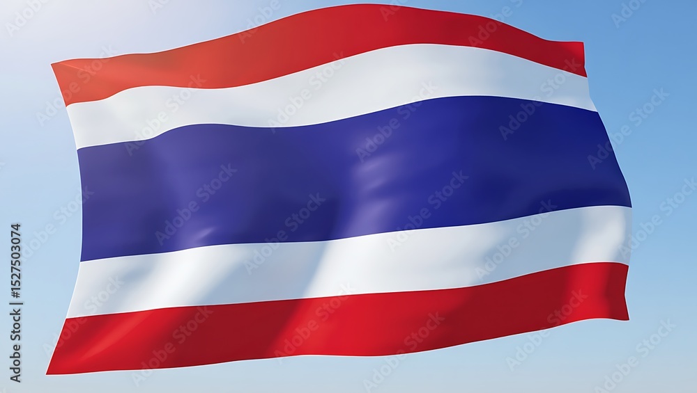 Naklejka premium Thailand Flag Majestic Stripes, Symbol of Freedom, Culture, and National Pride, Waving in the Wind, Representing Thai Identity and Heritage