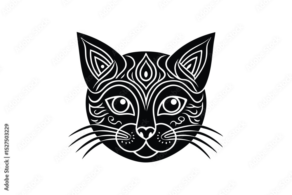 Fototapeta premium Decorative kitty face with ornamental folk pattern details vector art illustration