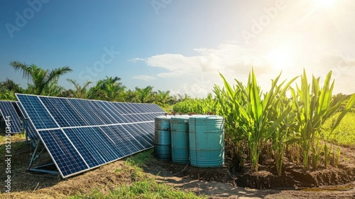 Aerial shot of a sugarcane farm with solar panels, a large water tank, and well-maintained irrigation systems