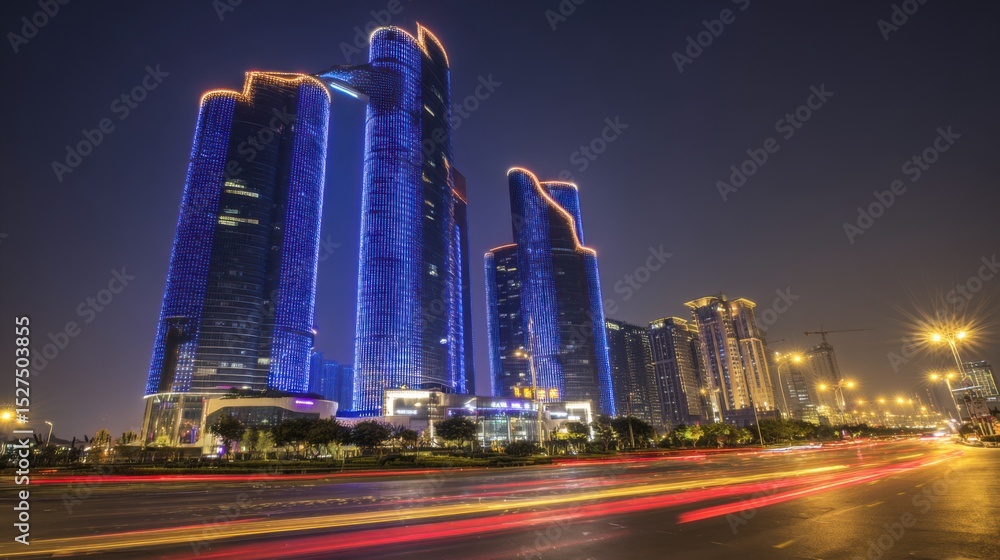 Obraz premium Stunning nighttime cityscape featuring a trio of towering skyscrapers illuminated with striking blue-hued light, showcasing modern, sleek architecture. The tallest building boasts a unique curved top 
