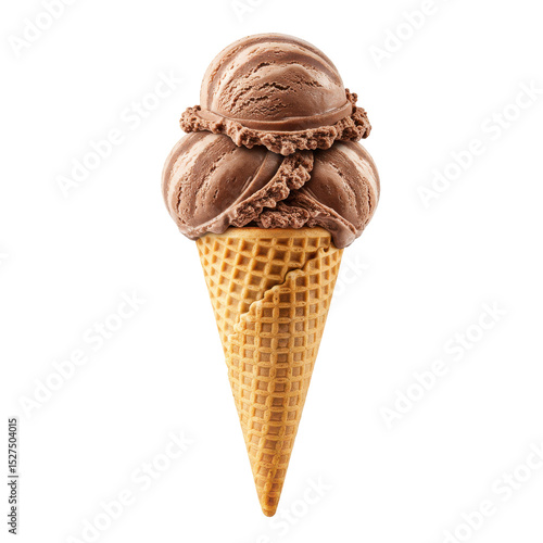 Three scoops of rich chocolate ice cream in a waffle cone against a plain background