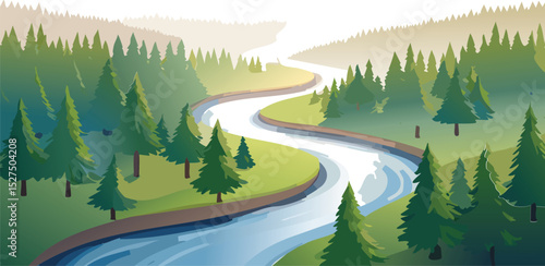 Aerial View of Winding River Through Lush Landscape – Nature Vector Illustration