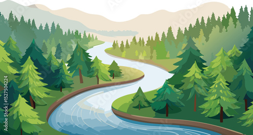Aerial View of Winding River Through Lush Landscape – Nature Vector Illustration