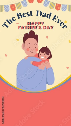 Smiling Dad and Child Hugging – Happy Father’s Day Illustration with “The Best Dad Ever” Banner and Festive Confetti
