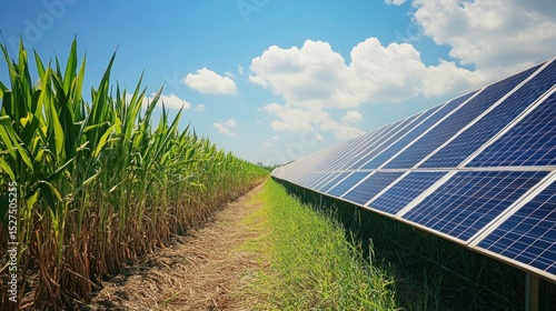 Aerial shot of a sugarcane farm with solar panels, a large water tank, and well-maintained irrigation systems
