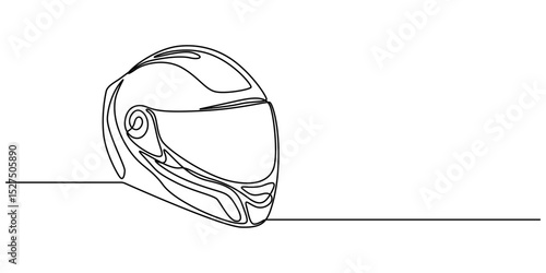 Continuous one line drawing Helmet Fullface Line or motorcycle helmet . Single line draw design vector graphic illustration, Continuous one line drawing motor racing helmet with closed glass visor. 