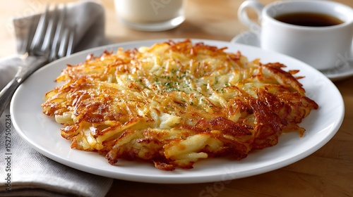 Crispy Hash Browns Served on a White Plate with Coffee