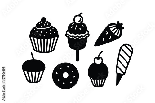 Sweet dessert doodle set with cupcakes donuts and treats vector art illustration