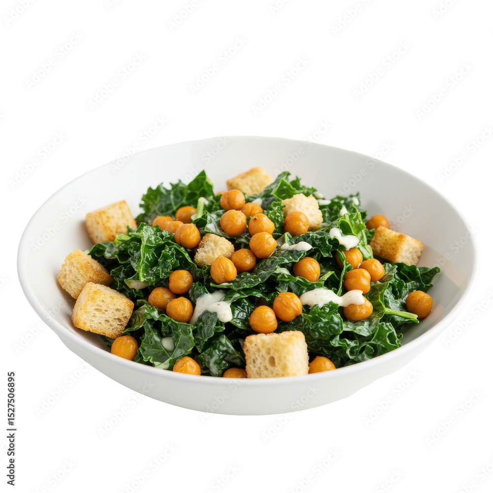 Fresh kale salad with chickpeas and croutons, served in a white bowl, bright background Fresh kale salad with chickpeas and croutons, served in a white bowl, bright background