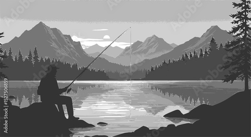  silhouette of a fisherman sitting on a rock at the edge of a serene lake