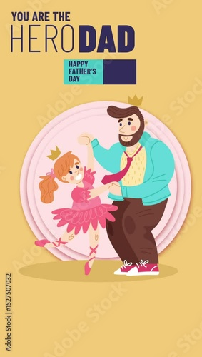 Happy Father's Day Animation with Dad and Daughter Dancing – Cute Cartoon Style Greeting Celebrating Hero Dad with Crown and Text Message