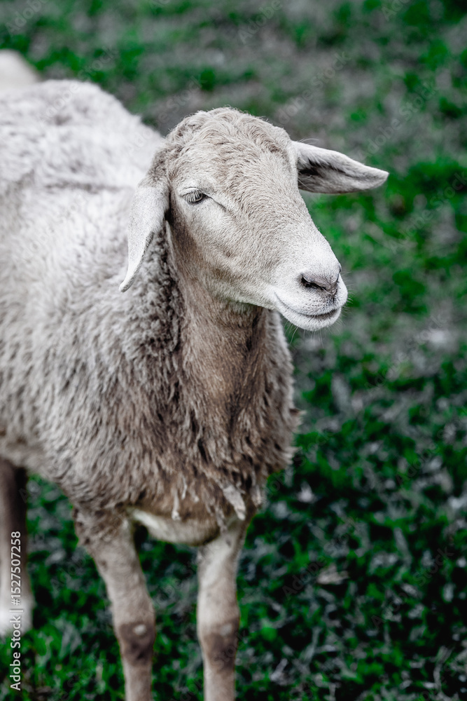 Fototapeta premium Brown sheep standing on grass in a pasture