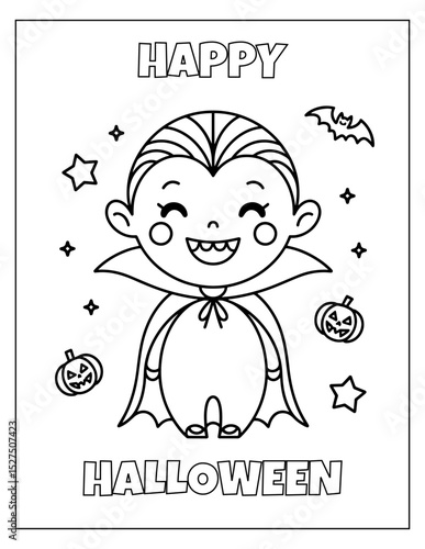Vampire Halloween coloring page, Black and white outline vampire coloring book or page for children, ready to print	