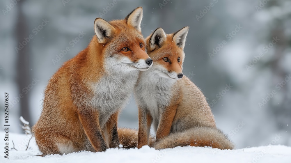 Red fox mother and cub sitting together in winter wonderland Red fox mother and cub sitting together in winter wonderland