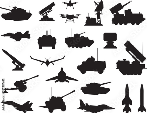  Vector illustration of military tanks, side and front views, armored vehicle silhouettes, war machine graphics for defense, army, and combat design