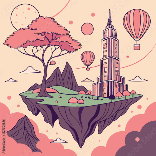 Floating island with tree building hot air balloons and mountains in a pastel color palette scene