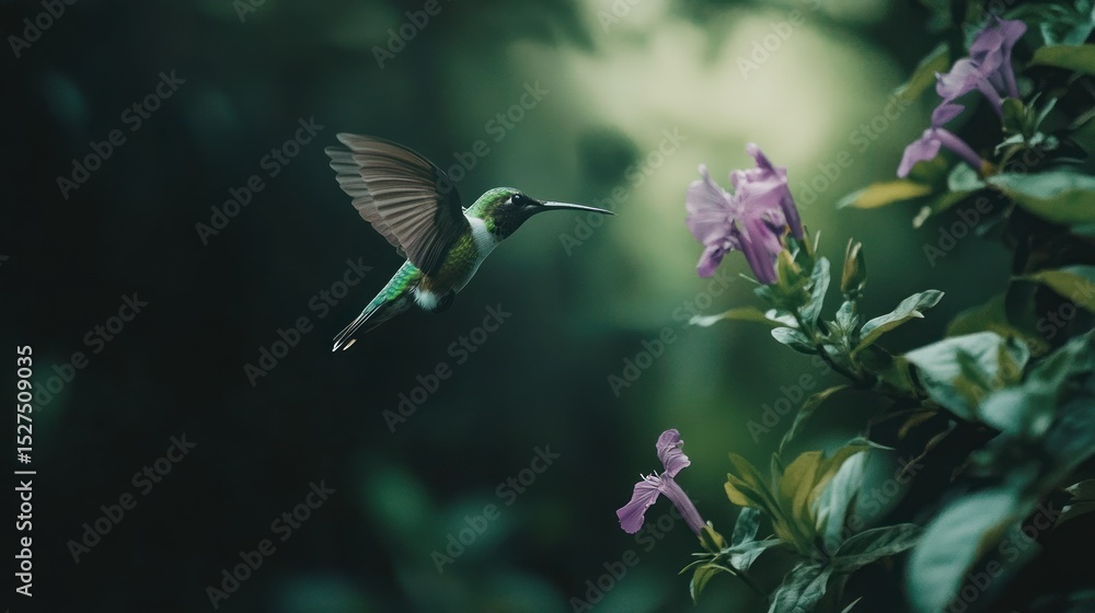 Fototapeta premium A hummingbird in flight, wings outstretched, approaches a cluster of purple flowers in a lush, dark green forest setting. Soft, diffused light highlights the bird and flowers