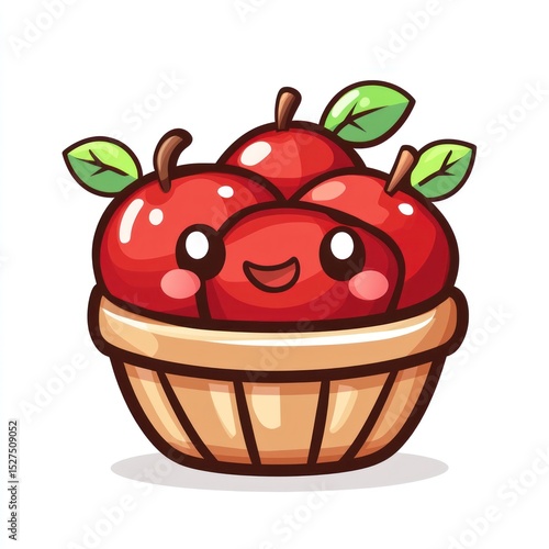 Cute cartoon apples in a basket.  Happy fruits