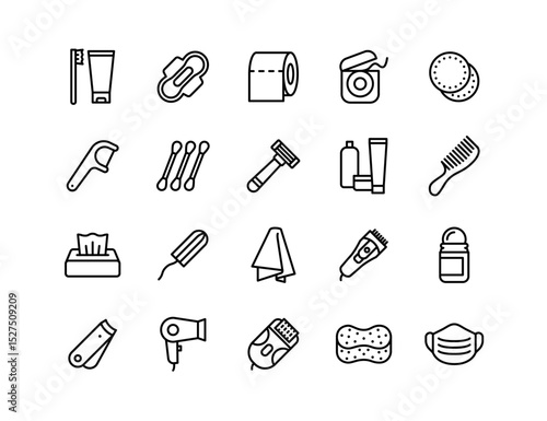 Hygiene Products Vector Icon Set | Adjustable Line Weight | Toothbrush, toothpaste, razor, deodorant, floss, tampon, comb, sponge, tissues, clippers, cleanliness, self-care, shaving icons
