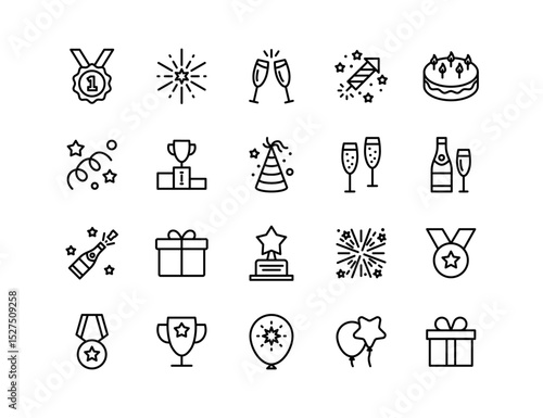 Celebration Vector Icon Set | Adjustable Line Weight | Medal, champagne, fireworks, cake, balloons, trophy, gift box, confetti, award, festivity, achievement, celebration icons