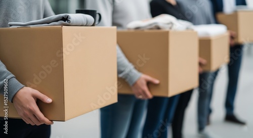 Employees are holding boxes containing their personal belongings, illustrating the concept of corporate layoffs and termination of employment relationships