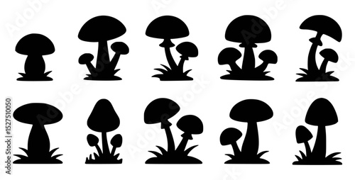 Silhouetted mushrooms in a variety of shapes and styles on white background