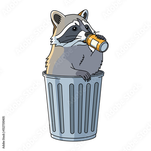 Cartoon raccoon drinking from a can inside a trash can, humorous illustration
