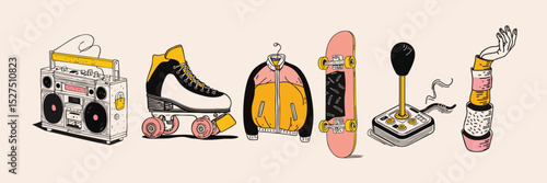 Set of 1980s and 1990s vintage doddle style vector design elements