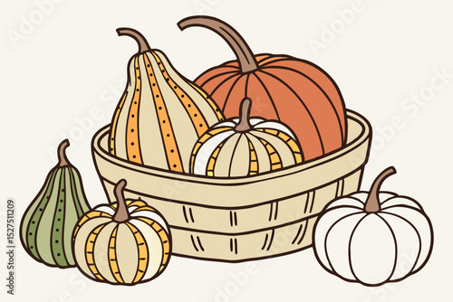 Autumn harvest pumpkins in a wooden basket