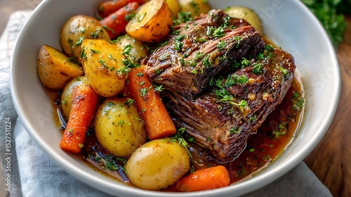 Hearty Beef Pot Roast with Potatoes and Carrots in a White Bowl