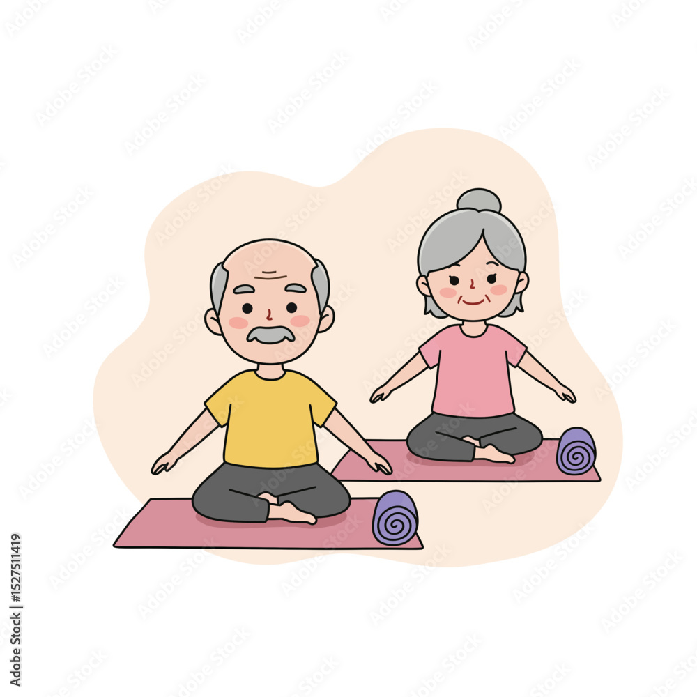 Elderly couple practicing yoga on mats in a serene environment Elderly couple practicing yoga on mats in a serene environment