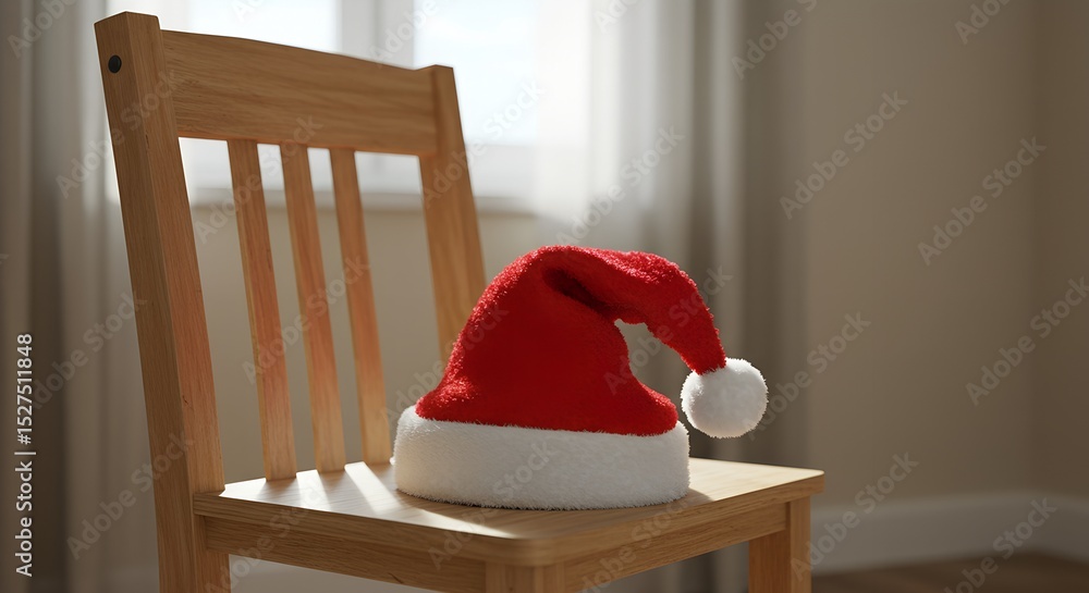 Fototapeta premium Santa hat resting on wooden chair in cozy indoor setting 