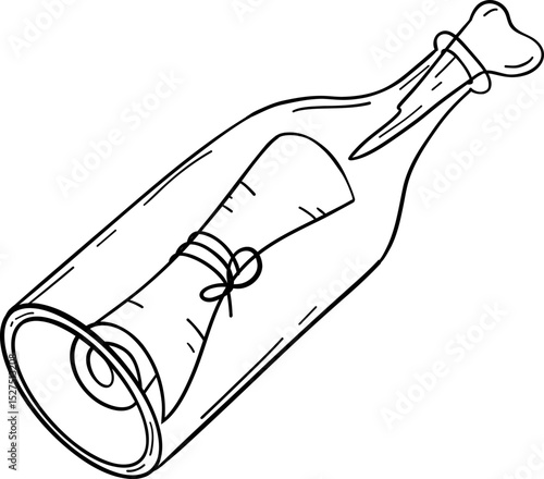 Message in bottle with bone fragments used as stoppers instead of lids, outline drawing with tied paper inside, simple black line art design for creative projects