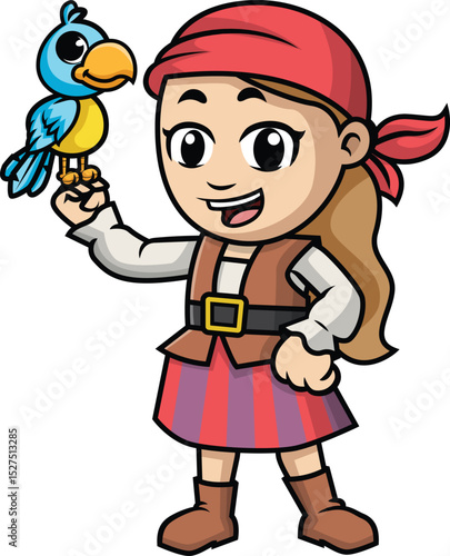 Pirate Girl Holding Parrot Vector Image