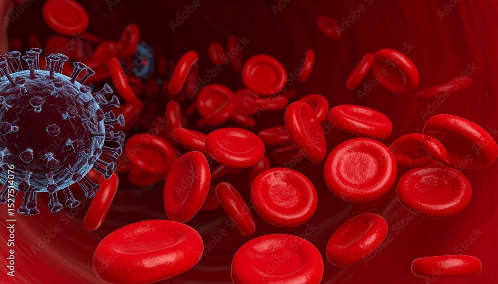 Three dimensional render of COVID-19 cells in the blood stream Three dimensional render of COVID-19 cells in the blood stream